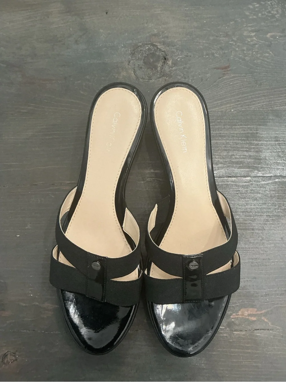 Calvin Klein Ying Black Stretchy Strap Platform Wedge Sandals Size 8.5